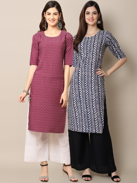 

KALINI Women Pack Of 2 Maroon & White Ethnic Motifs Printed Crepe Kurta