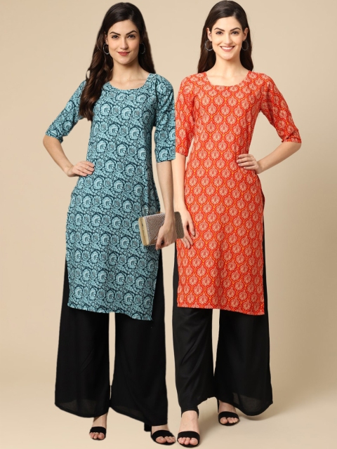 

KALINI Women Set Of 2 Orange & Blue Floral Printed Crepe Kurta