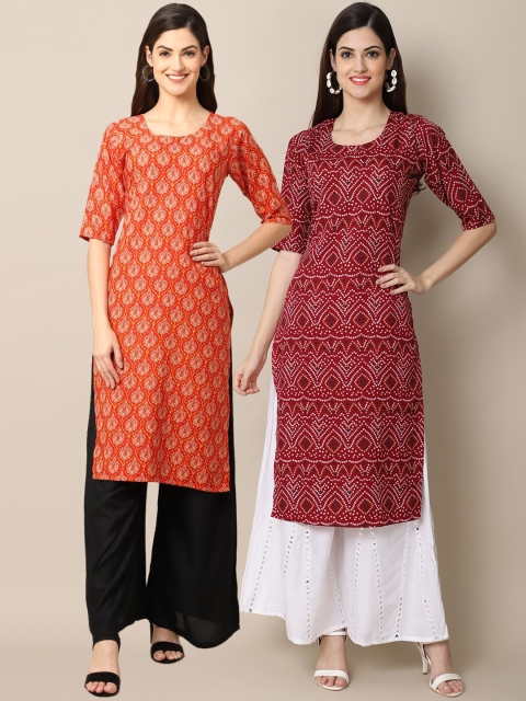 

KALINI Women Pack of 2 Orange & Maroon Ethnic Motifs Printed Crepe Kurta