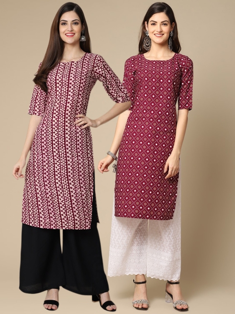 

KALINI Women Pack of 2 Red & Magenta Geometric Printed Crepe Kurta