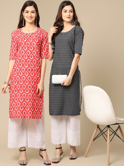 

KALINI Pack Of 2 Women Coral & Black Printed Straight Crepe Kurta