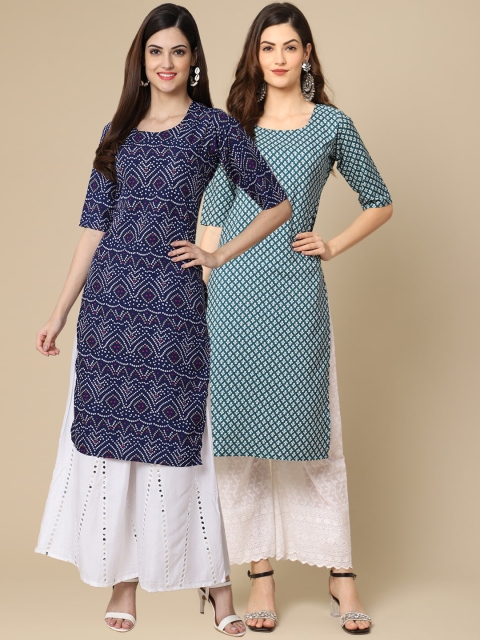 

KALINI Women Pack Of 2 Blue & Sea Green Ethnic Motifs Crepe Kurta