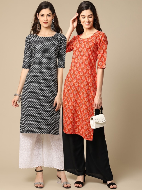 

KALINI Women Pack of 2 Black & Orange Digital Printed Crepe Kurtad