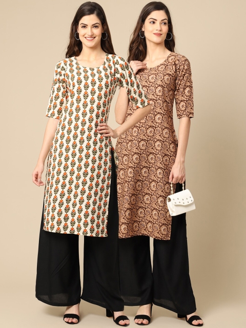 

KALINI Women Beige & Brown Printed Crepe Pack of 2 Kurtas