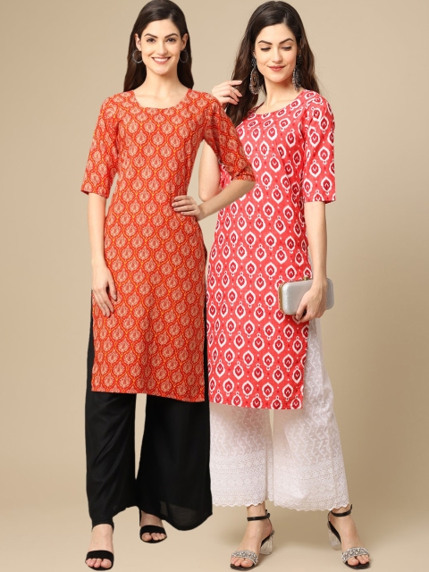 

KALINI Women Red & Pink Ethnic Motifs Printed Block Print Handloom Crepe Kurta