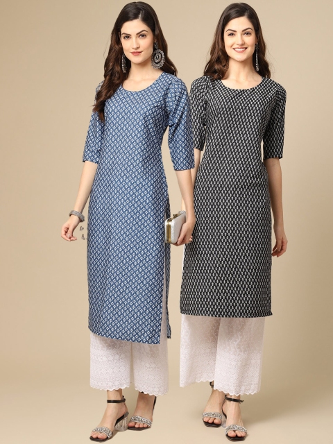 

KALINI Women Pack Of 2 Blue Ethnic Motifs Printed Straight Crepe Kurta