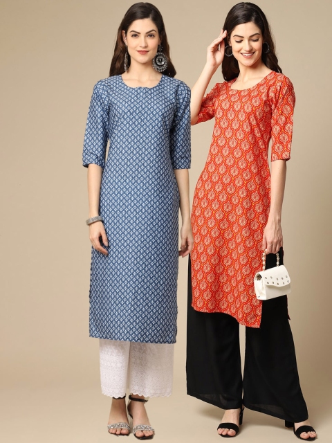 

KALINI Women Pack of 2 Blue & Orange Geometric Printed Crepe Kurta