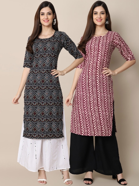 

KALINI Women Maroon & Black Set Of 2Geometric Printed Crepe Kurta