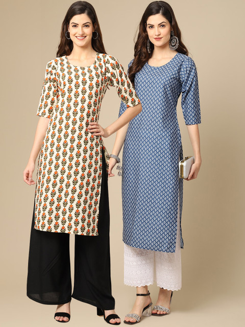 

KALINI Women Beige & Blue Set Of 2 Printed Crepe Kurta