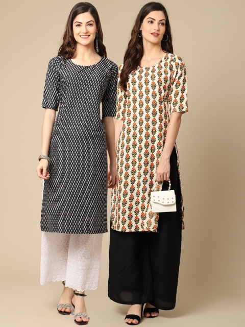 

KALINI Women Pack of 2 Block Print Handloom Crepe Kurta, Black