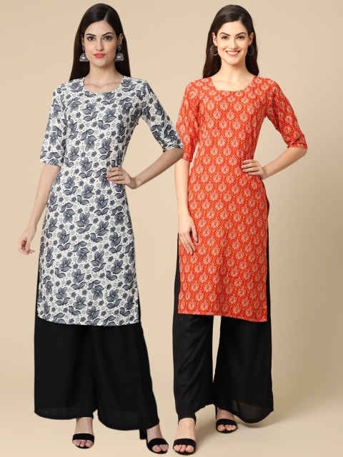 

KALINI Women Pack of 2 Block Print Handloom Crepe Kurta, Grey