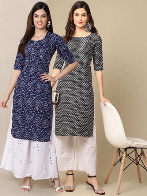 

KALINI Women Pack of 2 Block Print Handloom Crepe Kurta, Navy blue