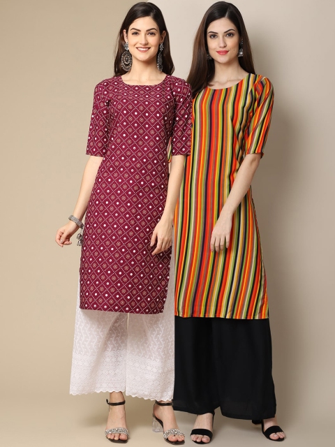 

KALINI Women Set Of 2 Multicoloured Striped Crepe Kurta, Multi