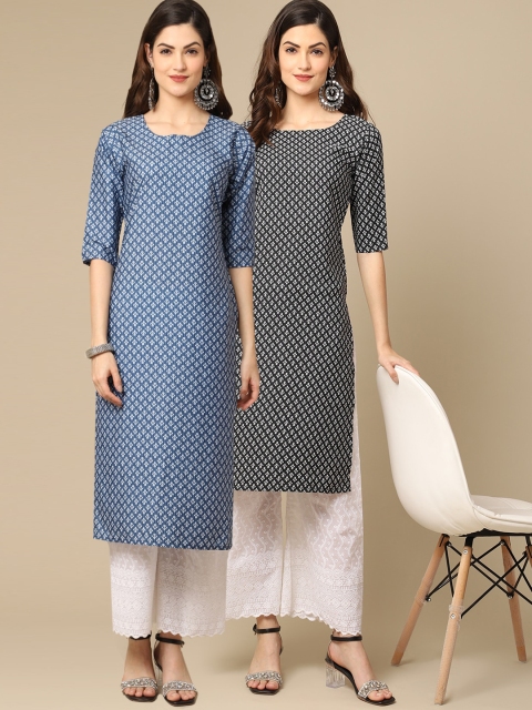 

KALINI Women Pack of 2 Blue & Black Digital Printed Crepe Straight Kurtas