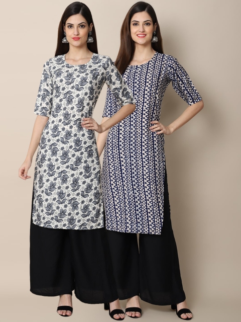 

KALINI Women Pack Of 2 Grey & Blue Floral Printed Block Print Crepe Kurta