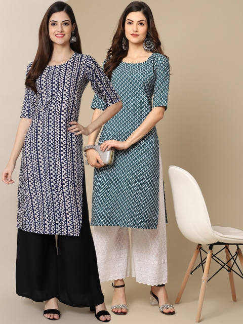 

KALINI Women Pack of 2 Blue Geometric Printed Crepe Kurta