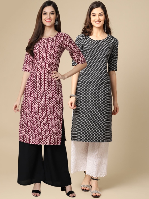 

KALINI Women Maroon & Black Set Of 2 Geometric Printed Crepe Kurta