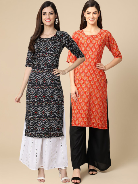 

KALINI Women Pack Of 2 Orange & Black Ethnic Motifs Printed Straight Crepe Kurta