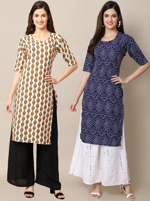 

KALINI Women Pack Of 2 Cream-Coloured & Blue Ethnic Motifs Printed Block Print Crepe Kurta