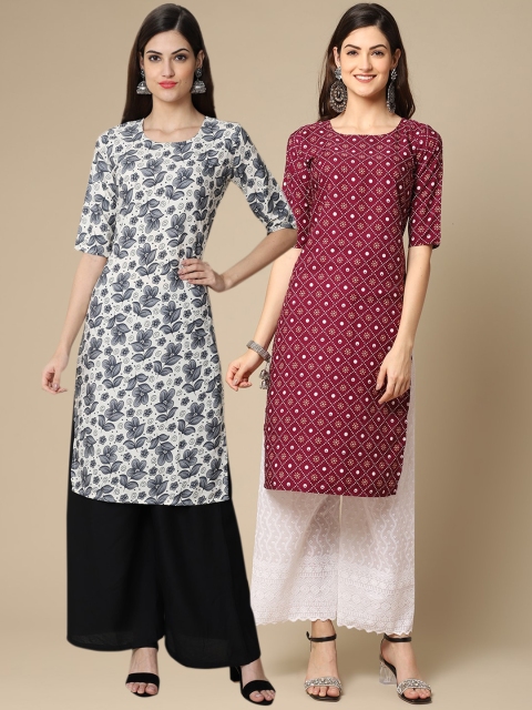 

KALINI Women Grey & Red Pack Of 2 Geometric Printed Block Print Handloom Crepe Kurta