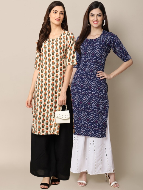 

KALINI Women Pack Of 2 Navy Blue & Beige Ethnic Motifs Printed Crepe Kurta