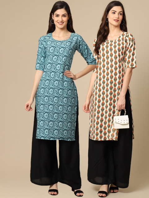 

KALINI Women's Crepe Green & Beige Color Ethnic Motif Printed Straight Kurta (PACK OF 2)