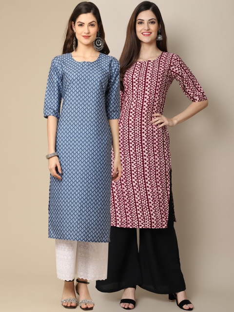 

KALINI Women Pack of 2 Blue & Maroon Ethnic Motifs Printed Crepe Kurta