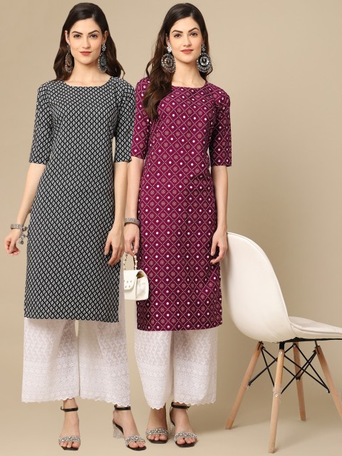

KALINI Women Pack of 2 Geometric Printed Crepe Straight Kurta, Magenta