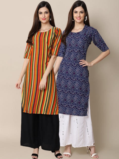 

KALINI Women Multicoloured & Navy Blue Geometric Printed Crepe Pack of 2 Kurta, Multi