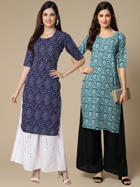 

KALINI Women's Crepe Navy & Green Color Ethnic Motif Printed Straight Kurta (PACK OF 2), Navy blue