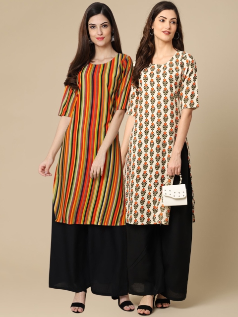 

KALINI Women Orange & Beige Pack Of 2 Floral Printed Crepe Straight Kurta