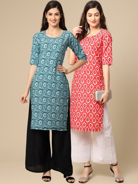 

KALINI Women Coral & Blue Pack Of 2 Floral Printed Block Print Handloom Crepe Kurta