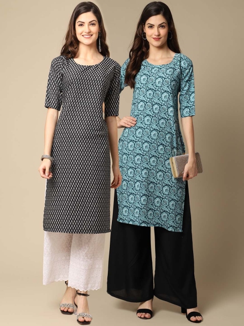 

KALINI Women Pack of 2 Black & Blue Floral Printed Crepe Kurta