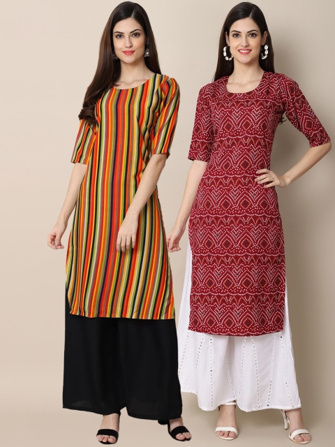 

KALINI Women Pack of 2 Mustard Yellow & Red Printed Crepe Kurta