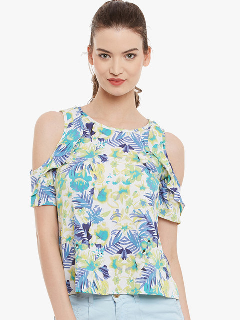 

Athena Women Off-White & Blue Printed Cold Shoulder Crepe Top