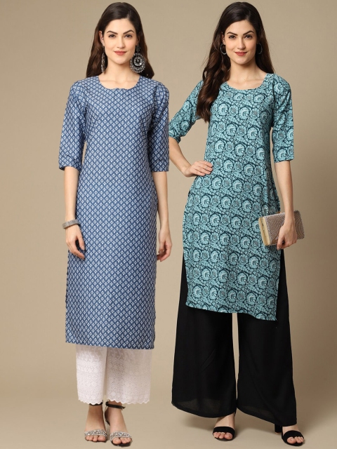 

KALINI Women Multicoloured Geometric Checked Block Print Handloom Crepe Kurta, Multi
