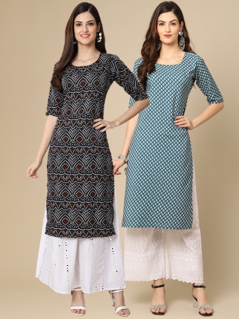 

KALINI Women Pack Of 2 Black & Blue Ethnic Motifs Printed Block Print Crepe Kurta