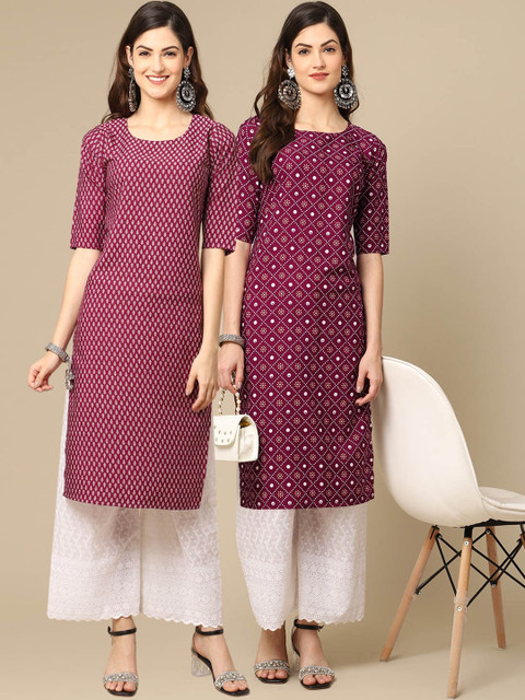 

KALINI Women Multicoloured Geometric Mirror Work Block Print Handloom Crepe Kurta, Multi