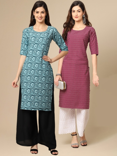 

KALINI Women Pack of 2 Sea Green & Maroon Digital Printed Crepe Kurtas