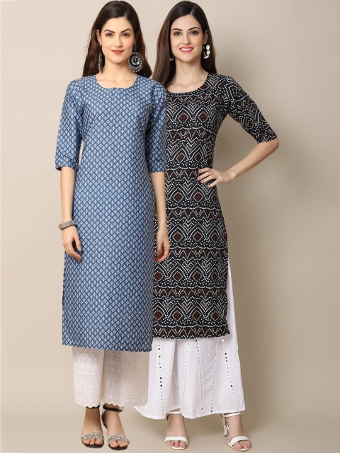 

KALINI Women Pack of 2 Blue & Black Ethnic Motifs Printed Crepe Kurta
