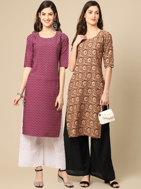

KALINI Women Pack Of 2 Brown & Magenta Ethnic Motifs Printed Block Print Crepe Kurta