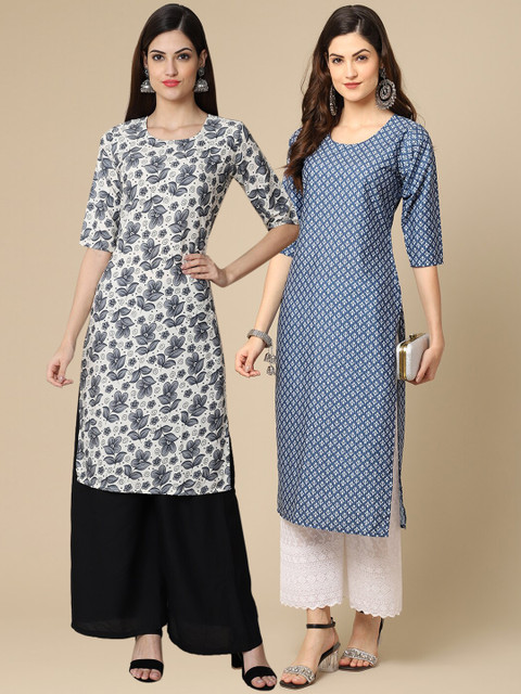 

KALINI Women Pack Of 2 White & Grey Floral Printed Crepe Kurta