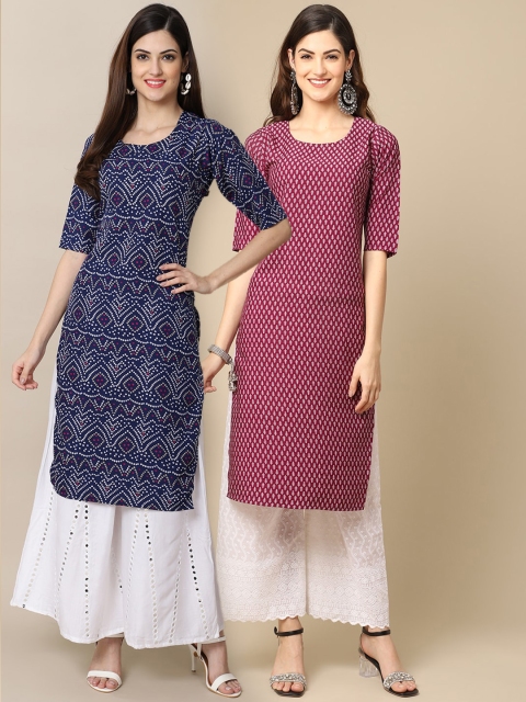 

KALINI Women Blue & Maroon Ethnic Color Printed Straight Handloom Kurta (PACK OF 2)