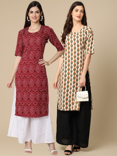 

KALINI Set of 2 Women Printed Block Print Handloom Crepe Straight Kurta, Maroon