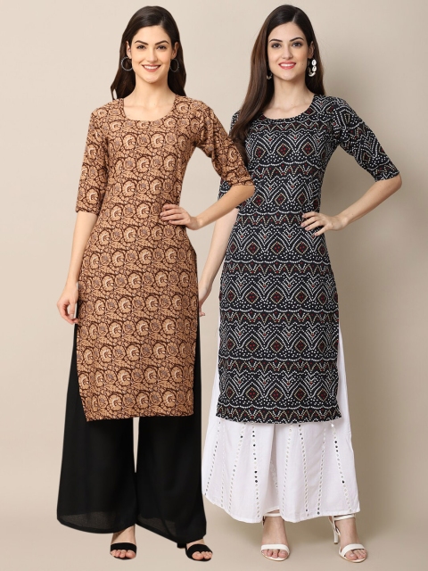

KALINI Women Pack of 2 Brown & Black Ethnic Motifs Printed Crepe Kurta