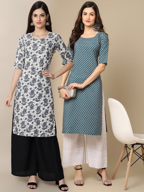 

KALINI Women White & Blue Set Of 2 Ethnic Motifs Printed Crepe Kurta