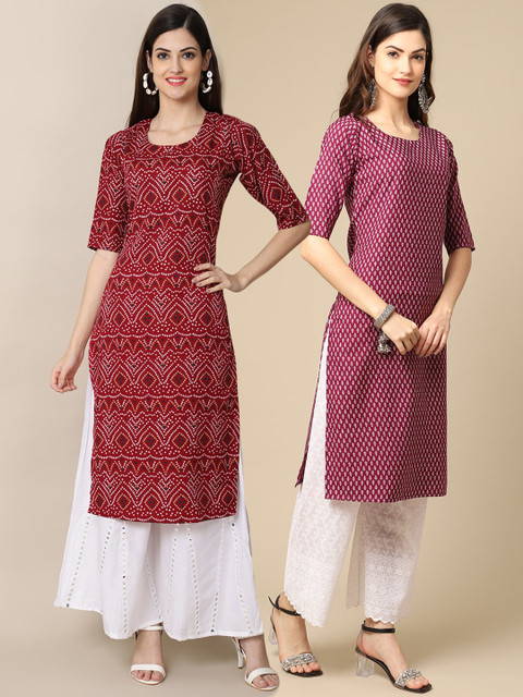 

KALINI Women Red & Purple Ethnic Motifs Printed Crepe Pack of 2 Kurta