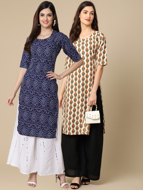 

KALINI PACK OF 2 Women Ethnic Motifs Printed Block Print Handloom Crepe Kurta, Blue