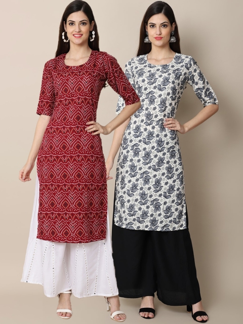 

KALINI Women Pack Of 2 Maroon & White Ethnic Motifs Printed Crepe Straight Kurta