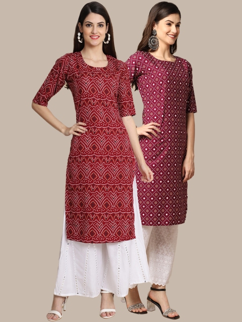 

KALINI Women Pack Of 2 Maroon Ethnic Motifs Printed Crepe Kurta